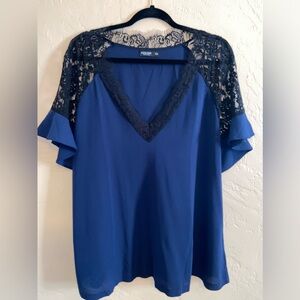Royal Blue V-Neck Blouse with Lace
